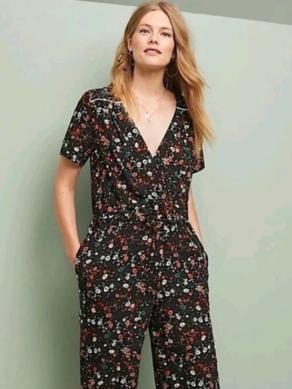 Porridge Anthropologie Women’s Floral Jumpsuit Black Wide Leg Boho TieWaist Sz L